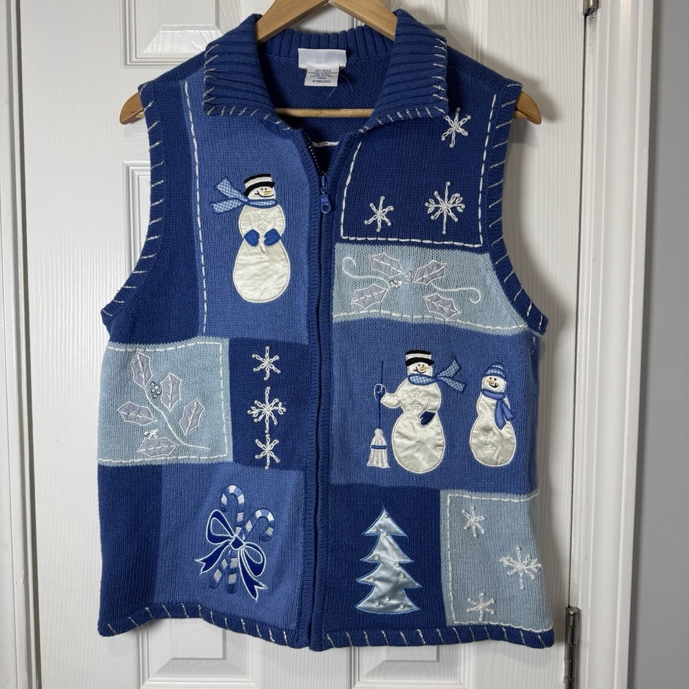 Blair Snowman Christmas Zip Up Vest Womens Sz M Blue White Embroidered Patch